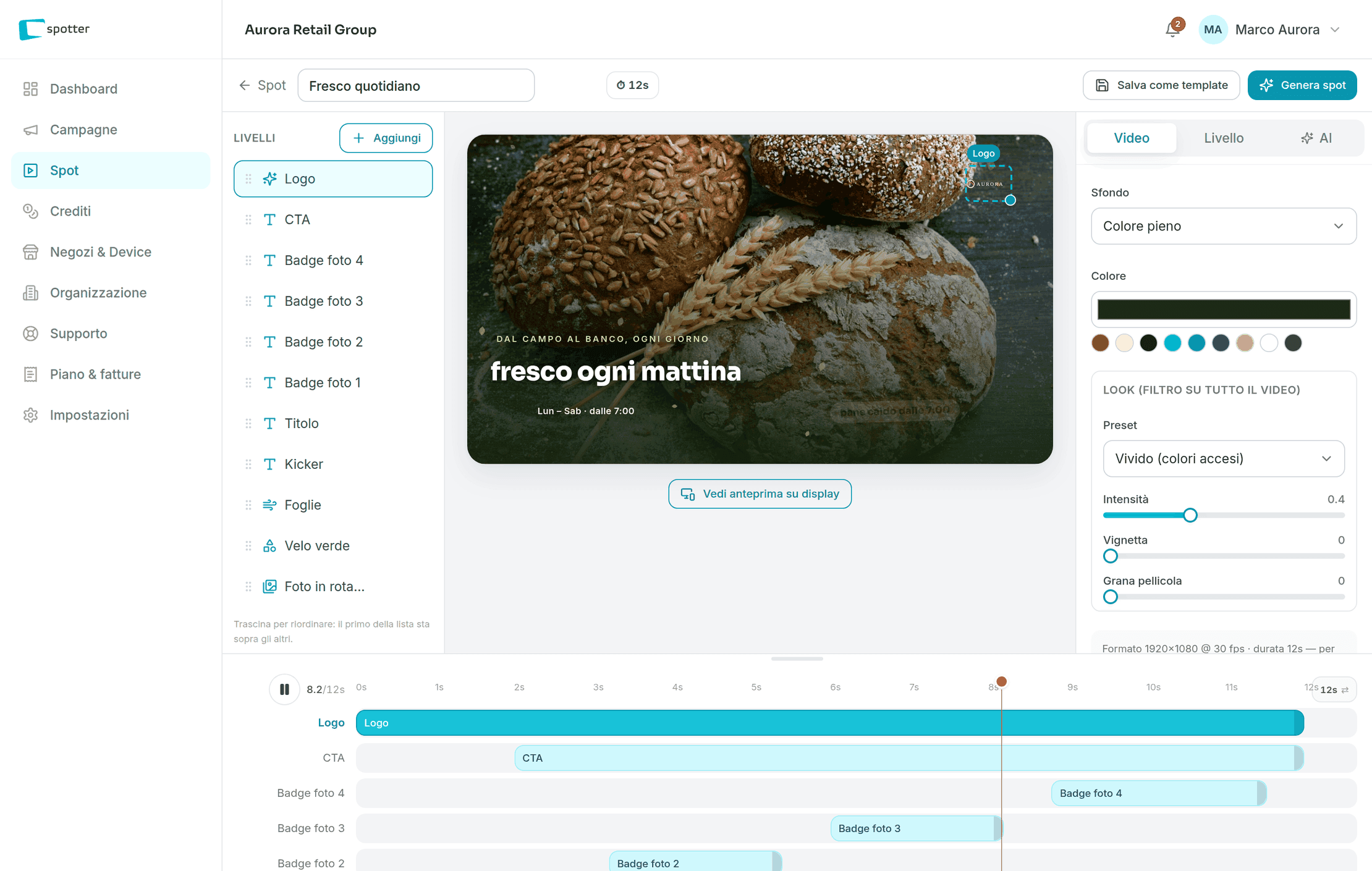 Il video builder di Spotter: canvas, timeline e proprietà del livello